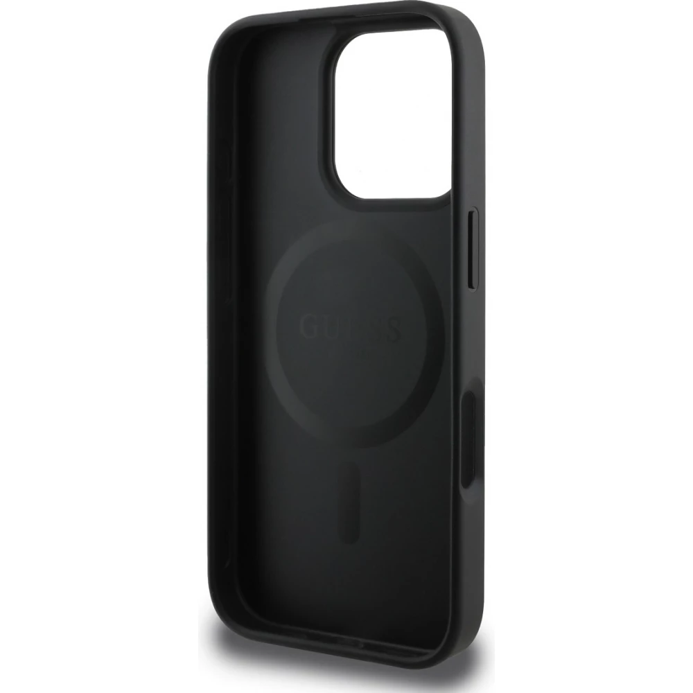 iPhone 16 Pro Case H&uuml;lle - Guess Monogramm Kunstleder mit Love Guess Street Style Logo und integriertem MagSafe - Schwarz