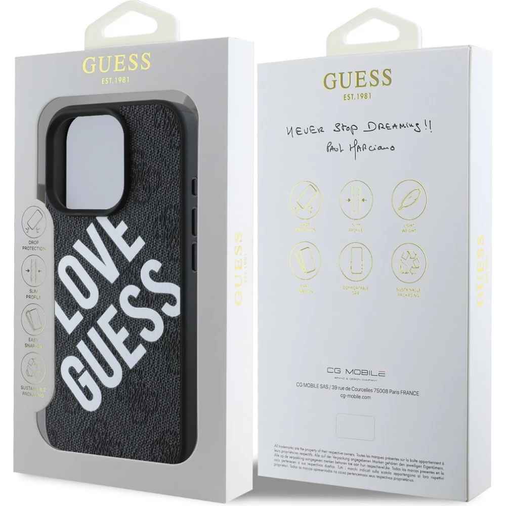 iPhone 16 Pro Case H&uuml;lle - Guess Monogramm Kunstleder mit Love Guess Street Style Logo und integriertem MagSafe - Schwarz