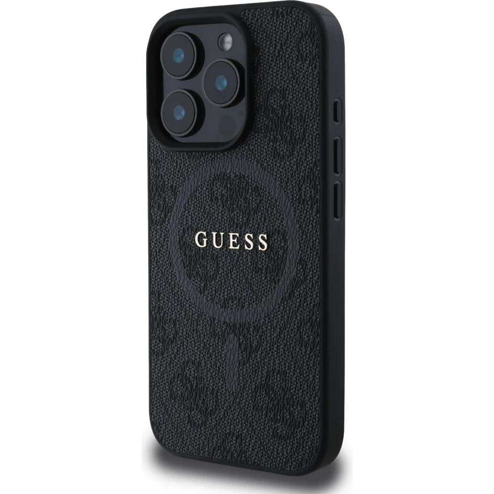iPhone 16 Pro Max Case H&uuml;lle - Guess Monogramm Kunstleder mit integriertem Magsafe - Schwarz