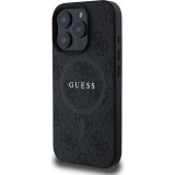 iPhone 16 Pro Max Case H&uuml;lle - Guess Monogramm Kunstleder mit integriertem Magsafe - Schwarz
