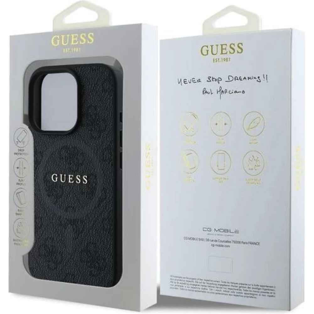 iPhone 16 Pro Max Case H&uuml;lle - Guess Monogramm Kunstleder mit integriertem Magsafe - Schwarz