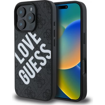 iPhone 16 Pro Max Case H&uuml;lle - Guess Monogramm Kunstleder mit Love Guess Street Style Logo und integriertem MagSafe - Schwarz