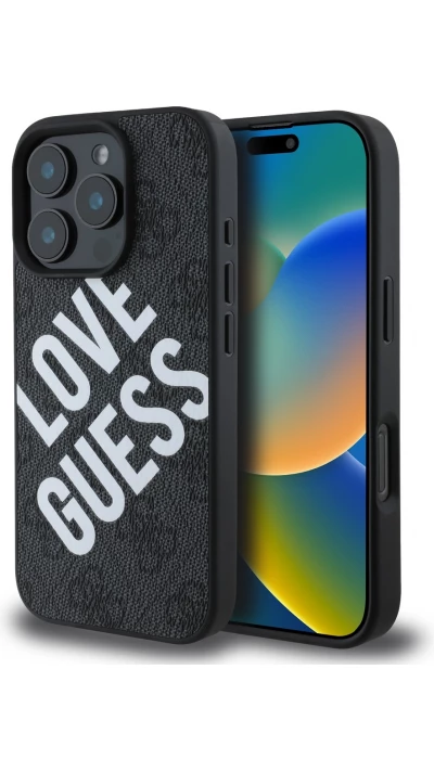 iPhone 16 Pro Max Case H&uuml;lle - Guess Monogramm Kunstleder mit Love Guess Street Style Logo und integriertem MagSafe - Schwarz