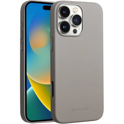 Coque iPhone 16 Pro Max - Qialino cuir véritable (compatible MagSafe) - Gris