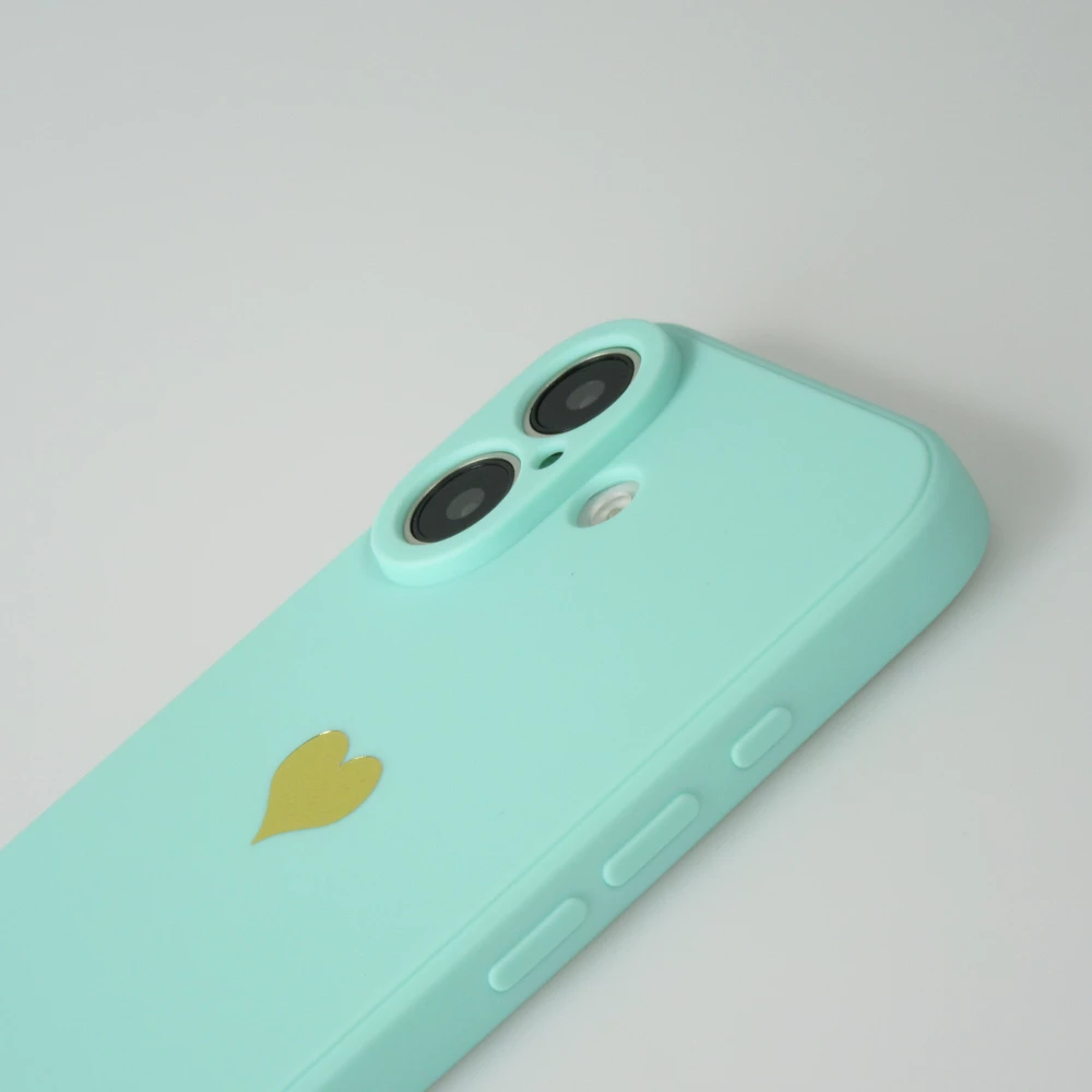 Coque iPhone 16 - Silicone Mat Coeur doré - Turquoise