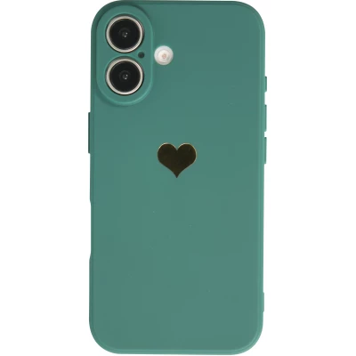 Coque iPhone 16 - Silicone Mat Coeur doré - Vert foncé