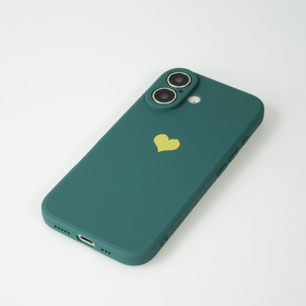 iPhone 16 Case Hülle - Silikon Mat Herz gold - Dunkelgrün