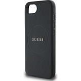 iPhone 16e Case H&uuml;lle - Guess Classic Logo MagSafe aus genarbtem Leder - Schwarz