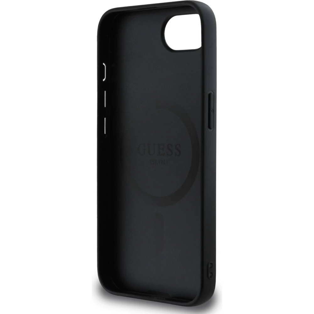 iPhone 16e Case H&uuml;lle - Guess Classic Logo MagSafe aus genarbtem Leder - Schwarz