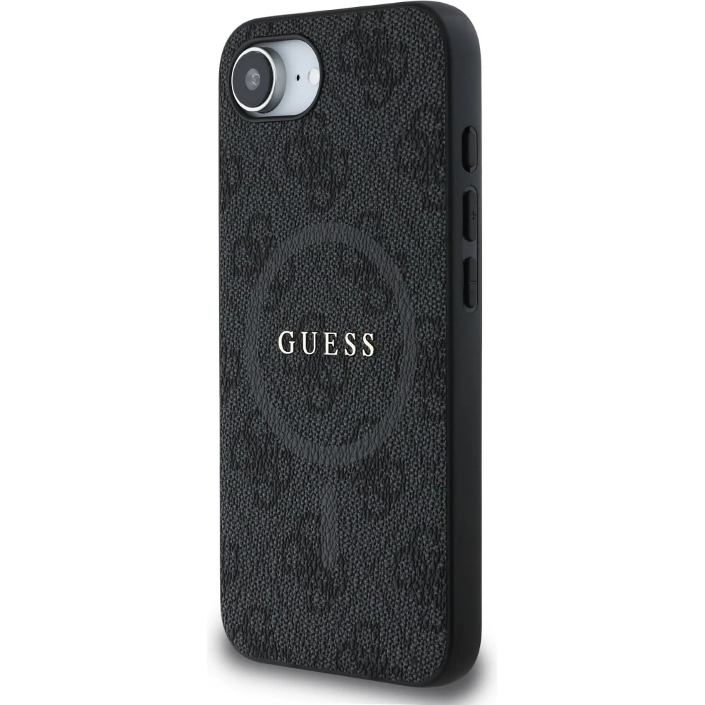 Coque iPhone 17e / 16e - Guess monogramme similicuir avec MagSafe intégré et logo doré - Noir