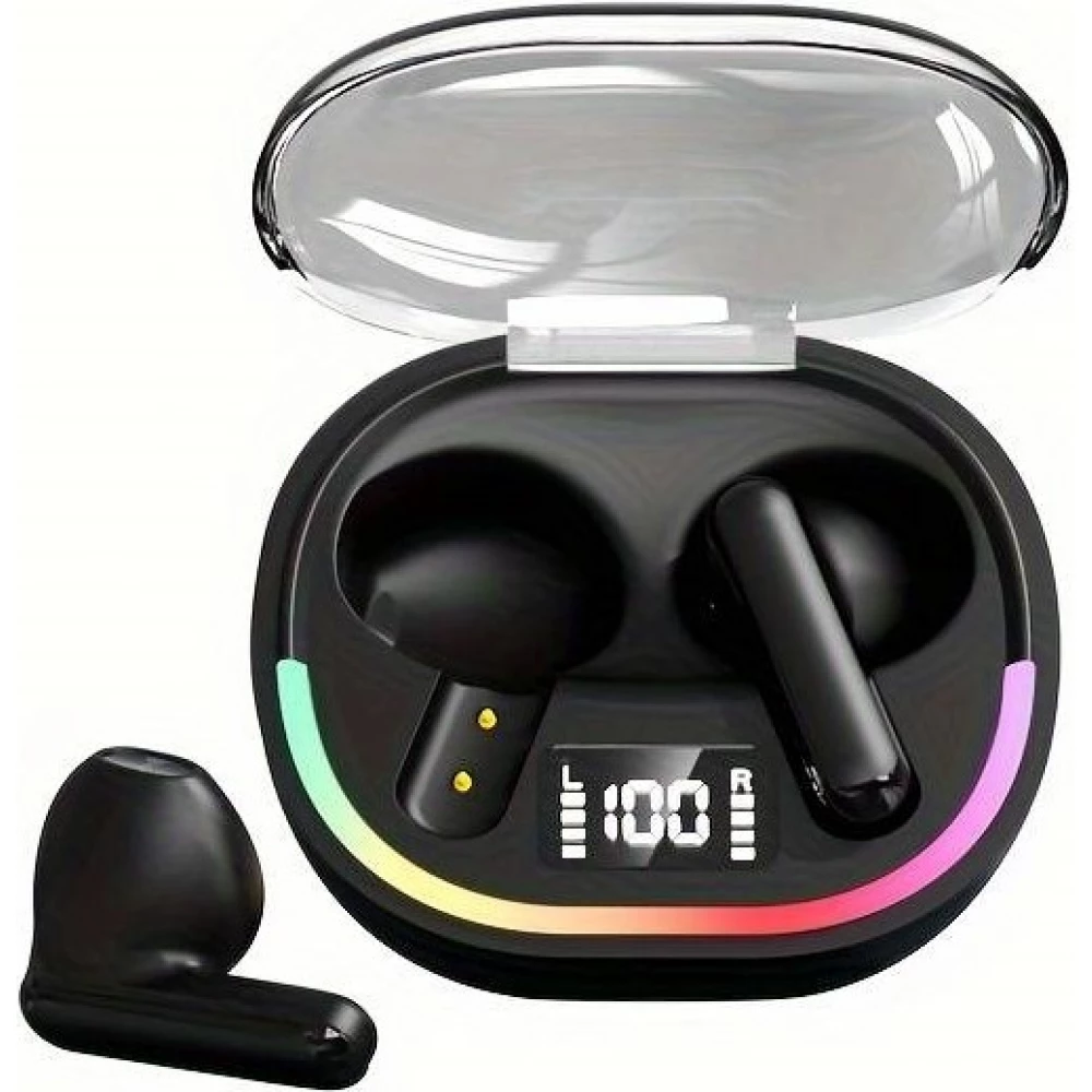 Ecouteurs sans fil TWS avec éclairage ambiant + contrôle tactile + affichage LED batterie individuels - Noir