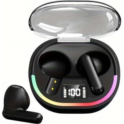 Ecouteurs sans fil TWS avec éclairage ambiant + contrôle tactile + affichage LED batterie individuels - Noir