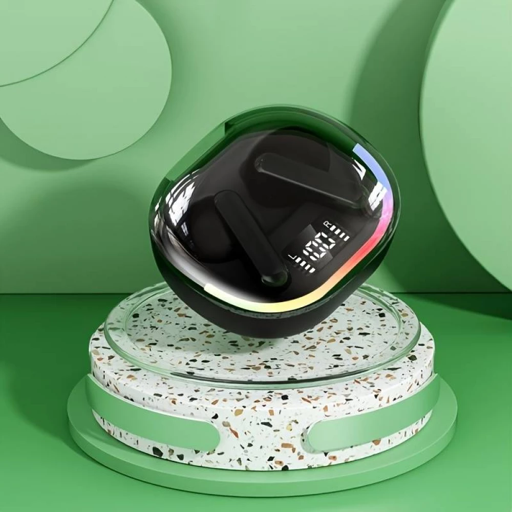Ecouteurs sans fil TWS avec éclairage ambiant + contrôle tactile + affichage LED batterie individuels - Noir