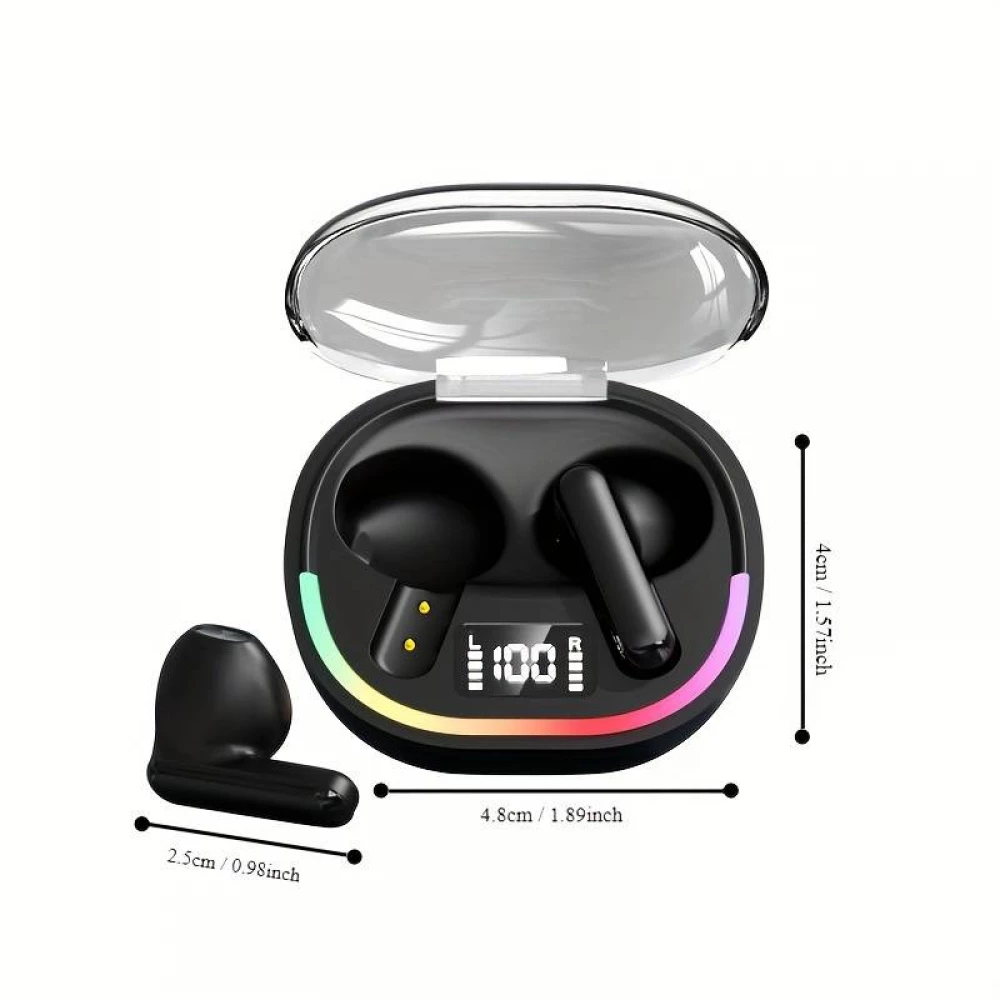 Ecouteurs sans fil TWS avec éclairage ambiant + contrôle tactile + affichage LED batterie individuels - Noir