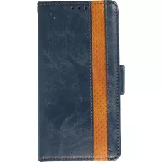 iPhone 15 Pro Leder Tasche - Flip Wallet Echtleder mit Akzentstreifen & Kartenhalter - Blau