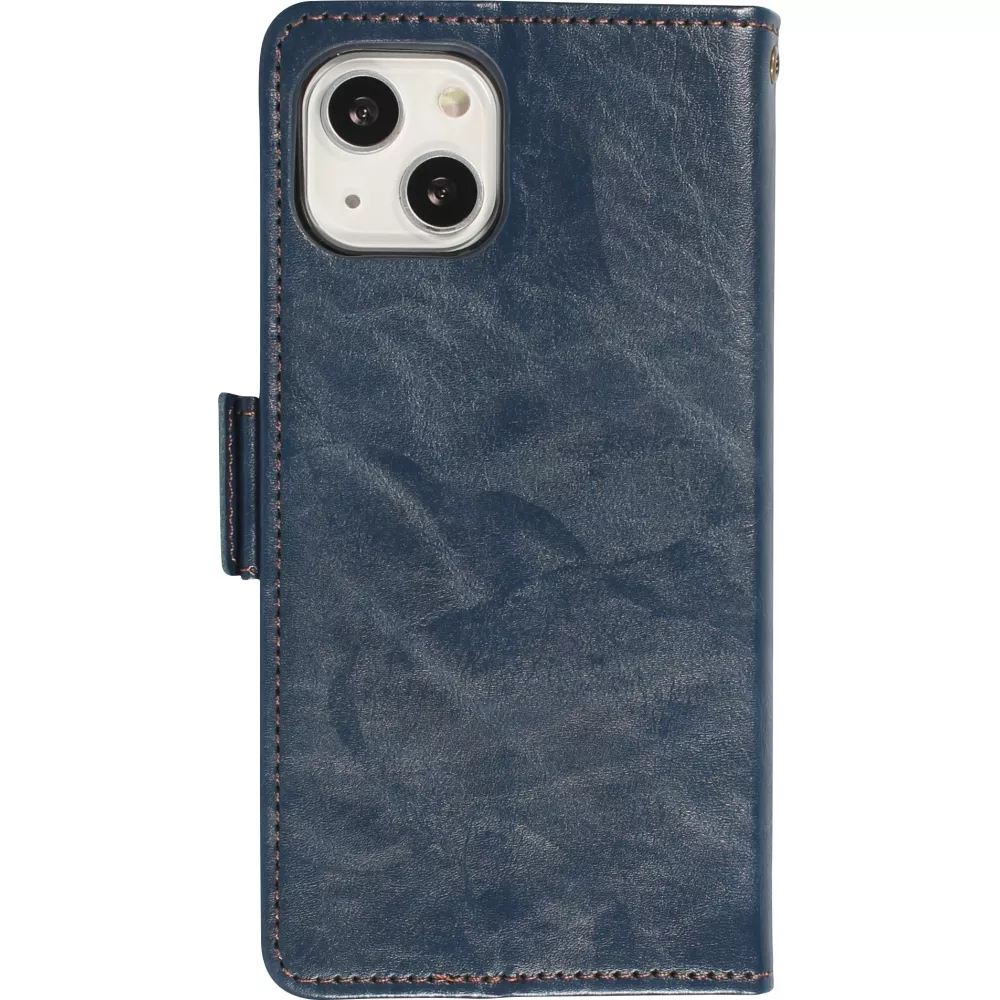iPhone 15 Pro Leder Tasche - Flip Wallet Echtleder mit Akzentstreifen & Kartenhalter - Blau