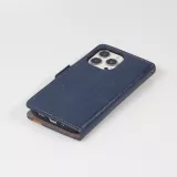 iPhone 15 Pro Leder Tasche - Flip Wallet Echtleder mit Akzentstreifen & Kartenhalter - Blau