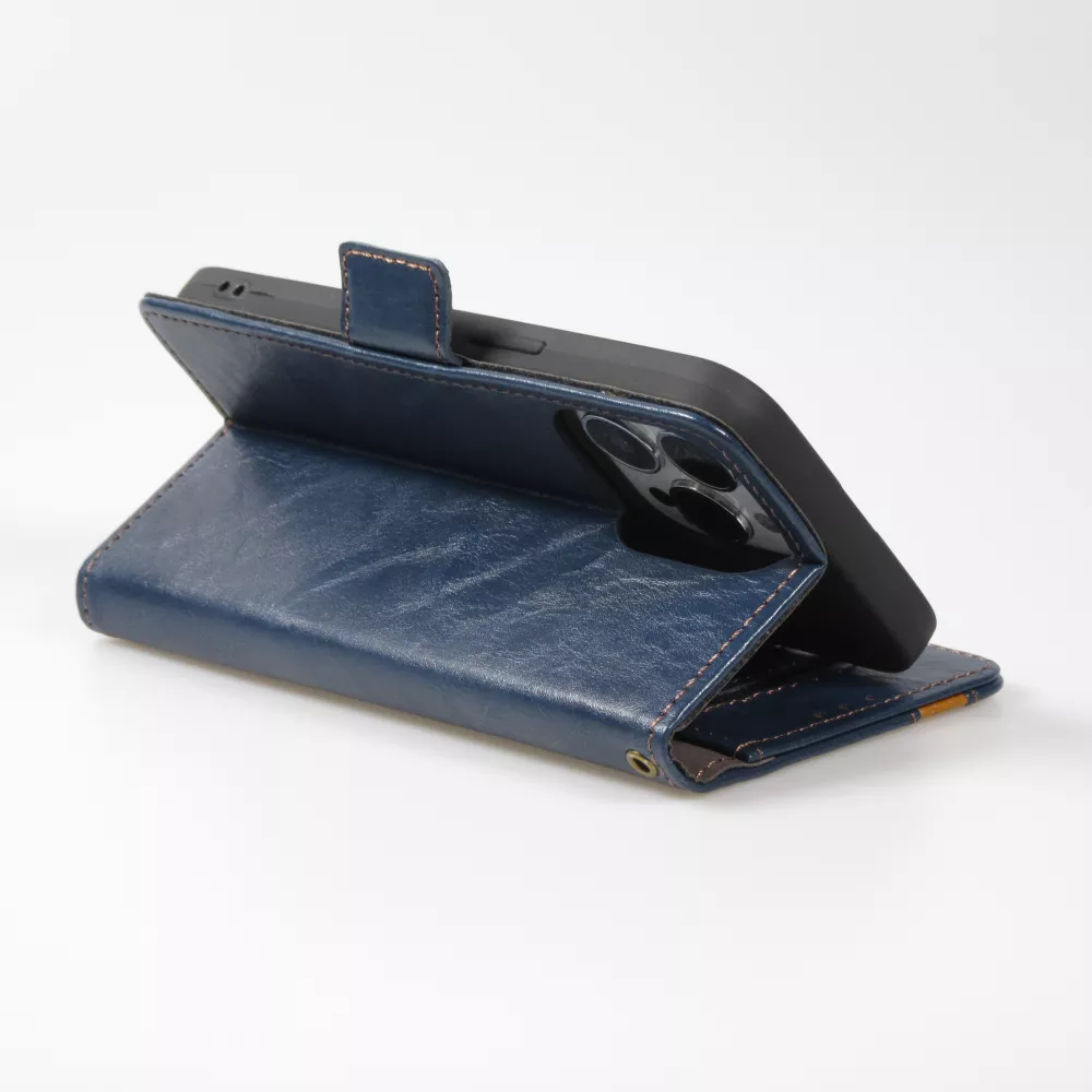iPhone 15 Pro Leder Tasche - Flip Wallet Echtleder mit Akzentstreifen & Kartenhalter - Blau