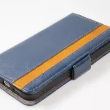 iPhone 15 Pro Leder Tasche - Flip Wallet Echtleder mit Akzentstreifen & Kartenhalter - Blau