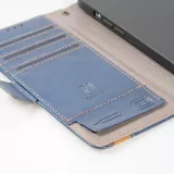 iPhone 15 Pro Leder Tasche - Flip Wallet Echtleder mit Akzentstreifen & Kartenhalter - Blau