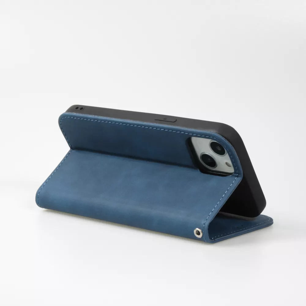 Etui cuir iPhone 15 Pro - Flip Wallet vintage avec fermeture aimantée et compartiment cartes - Bleu