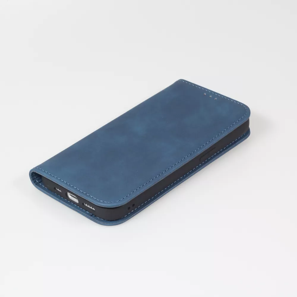Etui cuir iPhone 15 Pro - Flip Wallet vintage avec fermeture aimantée et compartiment cartes - Bleu