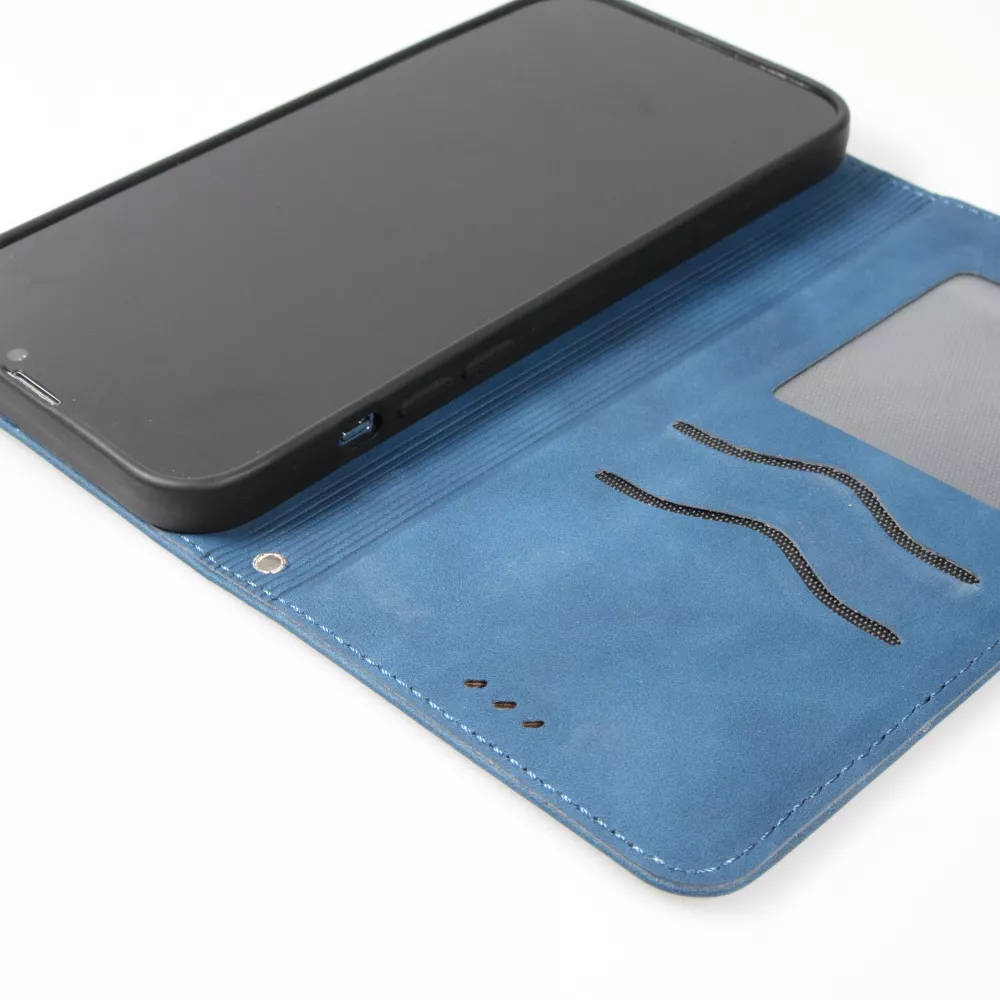 Etui cuir iPhone 15 Pro - Flip Wallet vintage avec fermeture aimantée et compartiment cartes - Bleu