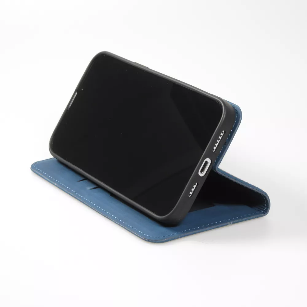 Etui cuir iPhone 15 Pro - Flip Wallet vintage avec fermeture aimantée et compartiment cartes - Bleu