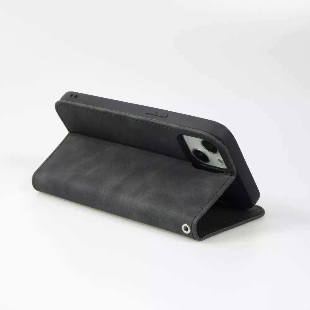iPhone 7 / 8 / SE (2020, 2022) Leder Tasche - Flip Wallet vintage mit Magnetverschluss und Kartenhalter - Schwarz