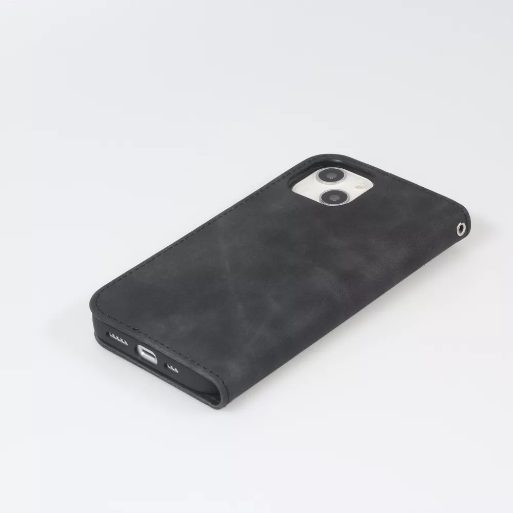 iPhone 7 / 8 / SE (2020, 2022) Leder Tasche - Flip Wallet vintage mit Magnetverschluss und Kartenhalter - Schwarz