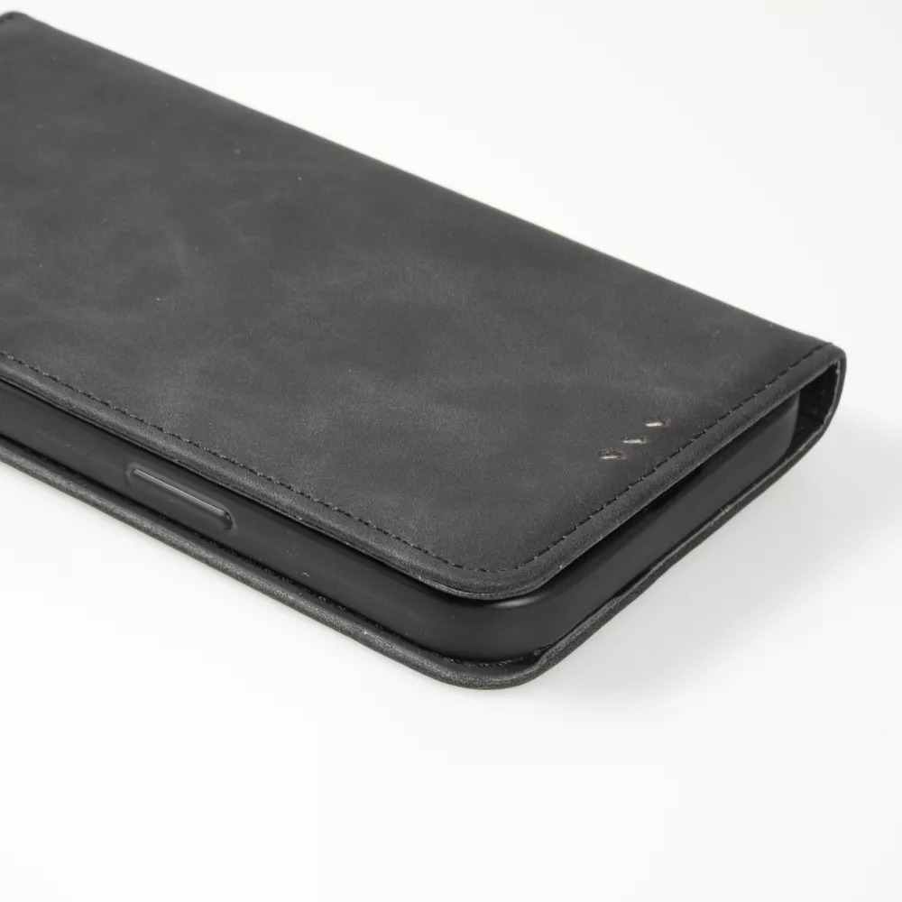 iPhone 7 / 8 / SE (2020, 2022) Leder Tasche - Flip Wallet vintage mit Magnetverschluss und Kartenhalter - Schwarz