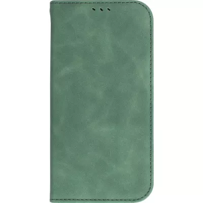 Etui cuir iPhone 15 - Flip Wallet vintage avec fermeture aimantée et compartiment cartes - Vert foncé