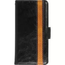 Etui cuir iPhone 13 Pro - Flip Wallet en cuir véritable avec stripe design et compartiment à cartes - Noir