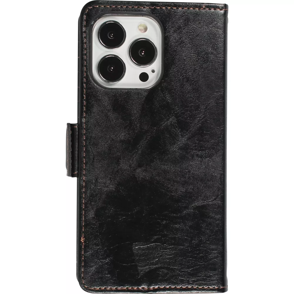 Etui cuir iPhone 13 Pro - Flip Wallet en cuir véritable avec stripe design et compartiment à cartes - Noir