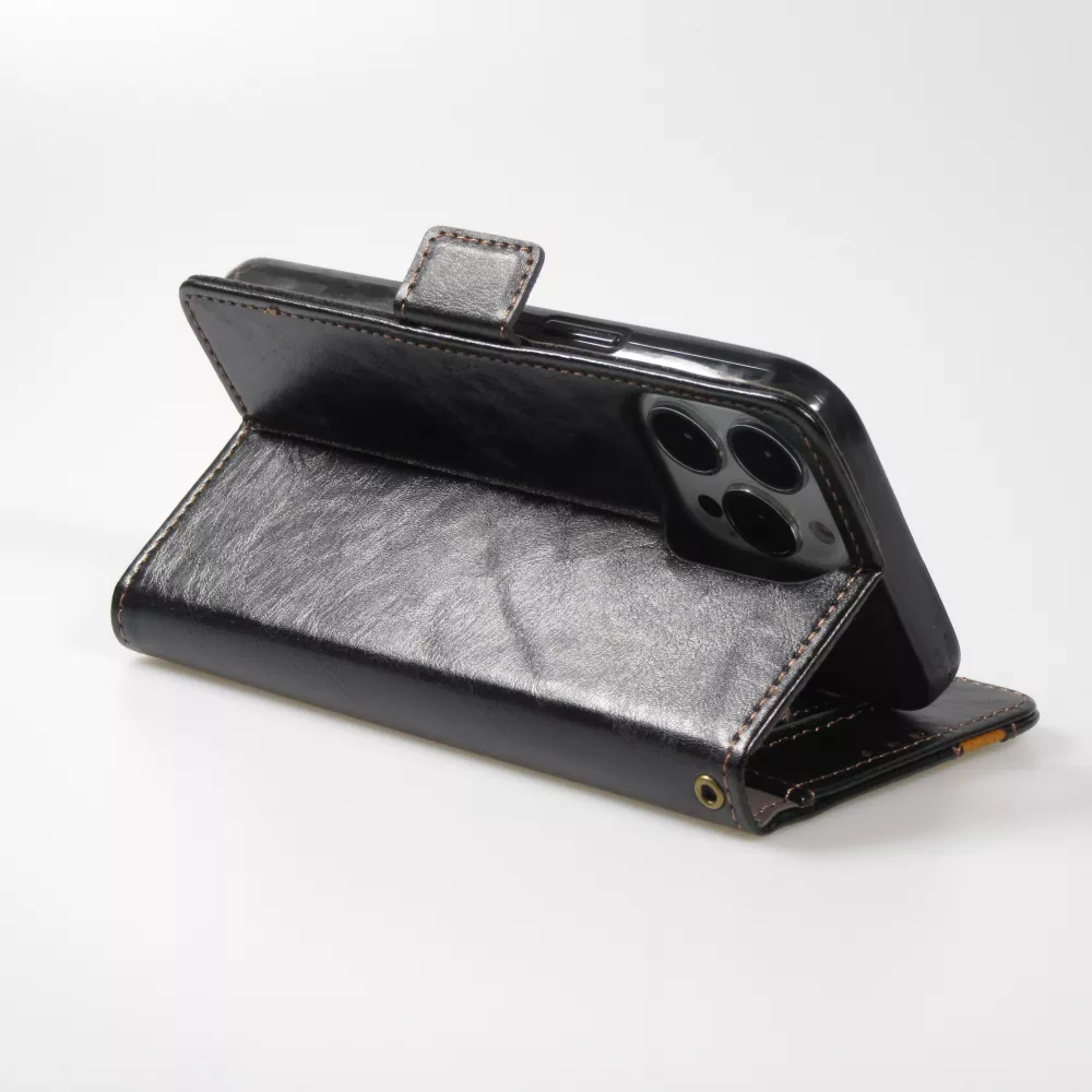 Etui cuir iPhone 13 Pro - Flip Wallet en cuir véritable avec stripe design et compartiment à cartes - Noir