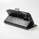Etui cuir iPhone 13 Pro - Flip Wallet en cuir véritable avec stripe design et compartiment à cartes - Noir