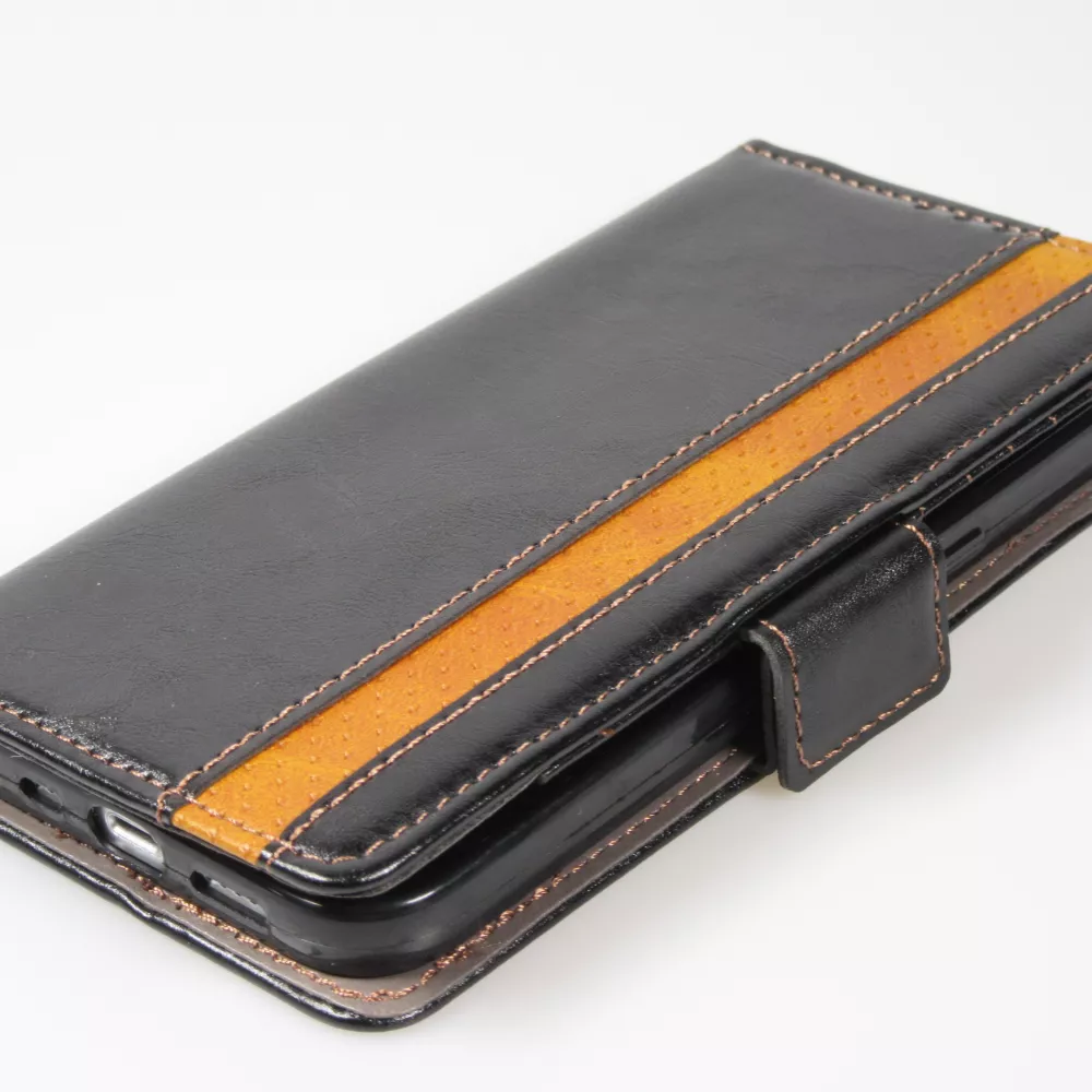 Etui cuir iPhone 13 Pro - Flip Wallet en cuir véritable avec stripe design et compartiment à cartes - Noir