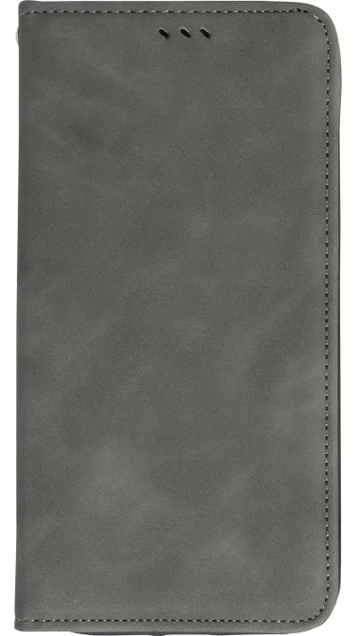 Etui cuir iPhone 15 Pro - Flip Wallet vintage avec fermeture aimantée et compartiment cartes - Gris