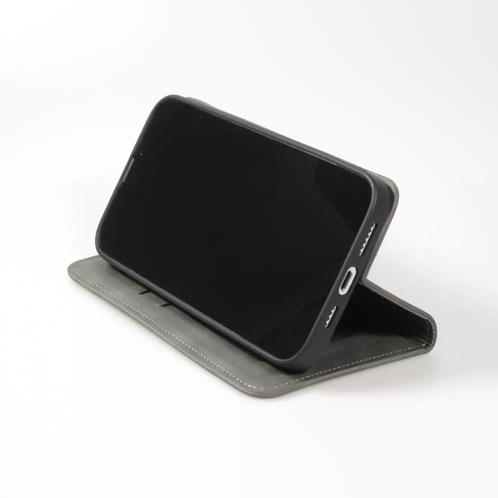 Leder Tasche Case iPhone 15 Pro - Flip Wallet vintage mit Magnetverschluss und Kartenhalter - Grau