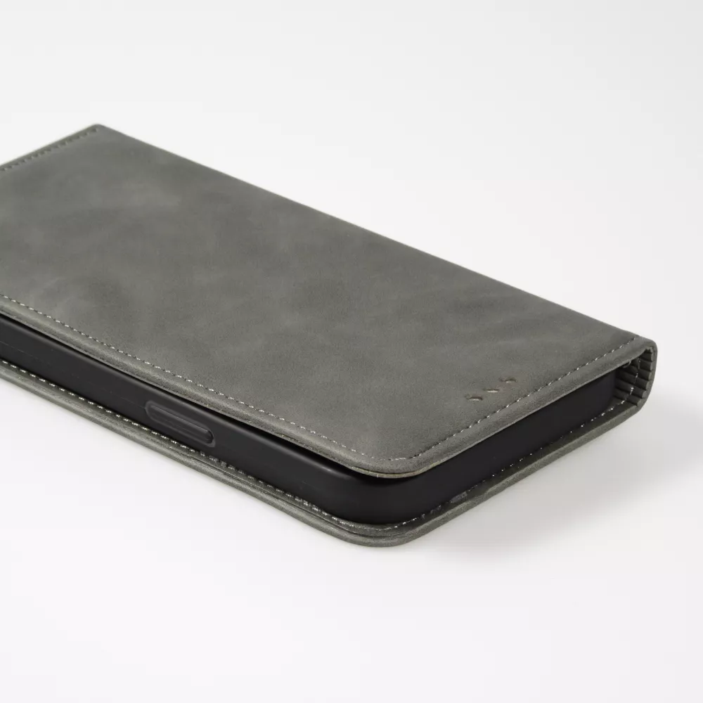 Leder Tasche Case iPhone 15 Pro - Flip Wallet vintage mit Magnetverschluss und Kartenhalter - Grau