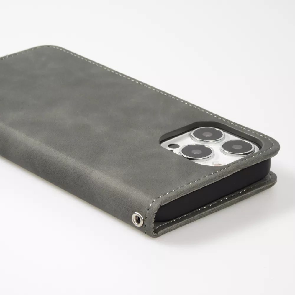 Leder Tasche Case iPhone 15 Pro - Flip Wallet vintage mit Magnetverschluss und Kartenhalter - Grau