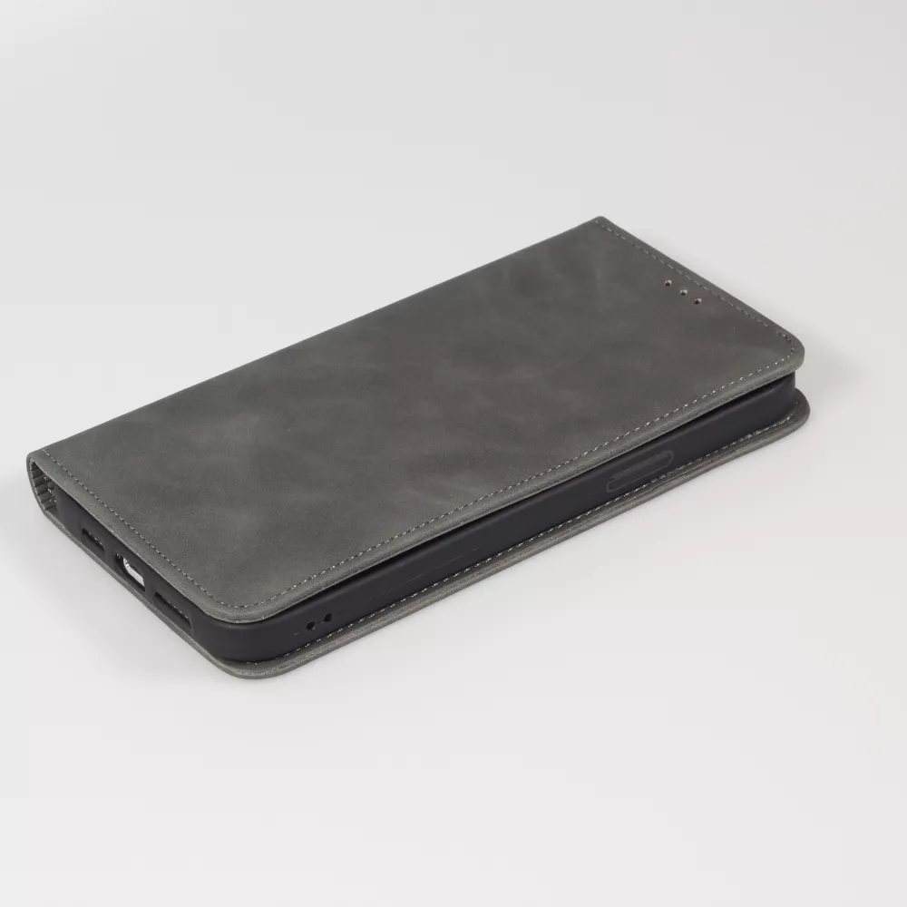 Leder Tasche Case iPhone 15 Pro - Flip Wallet vintage mit Magnetverschluss und Kartenhalter - Grau