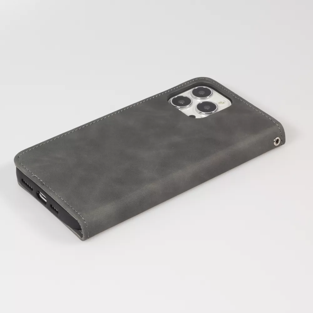 Leder Tasche Case iPhone 15 Pro - Flip Wallet vintage mit Magnetverschluss und Kartenhalter - Grau