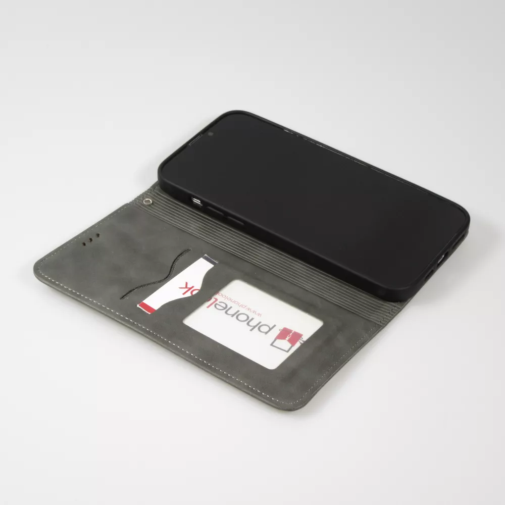Leder Tasche Case iPhone 15 Pro - Flip Wallet vintage mit Magnetverschluss und Kartenhalter - Grau