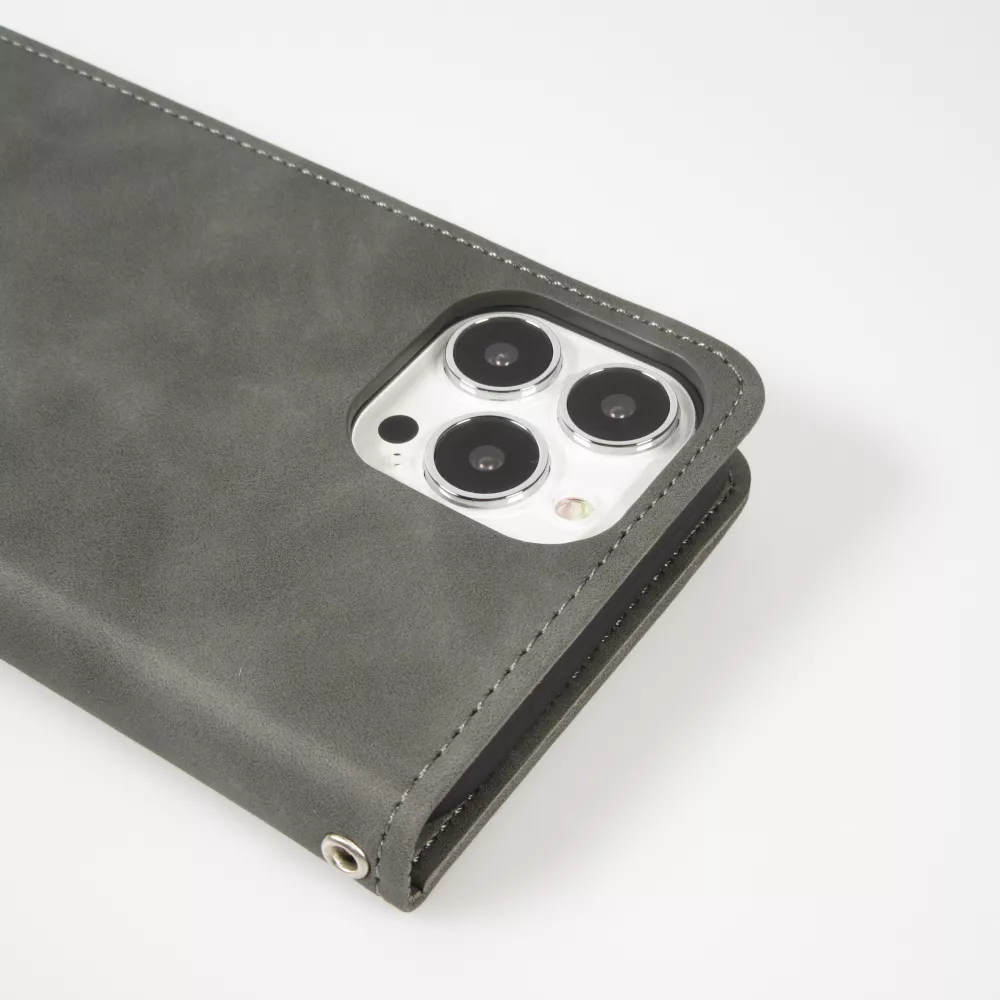 Leder Tasche Case iPhone 15 Pro - Flip Wallet vintage mit Magnetverschluss und Kartenhalter - Grau