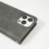 Leder Tasche Case iPhone 15 Pro - Flip Wallet vintage mit Magnetverschluss und Kartenhalter - Grau