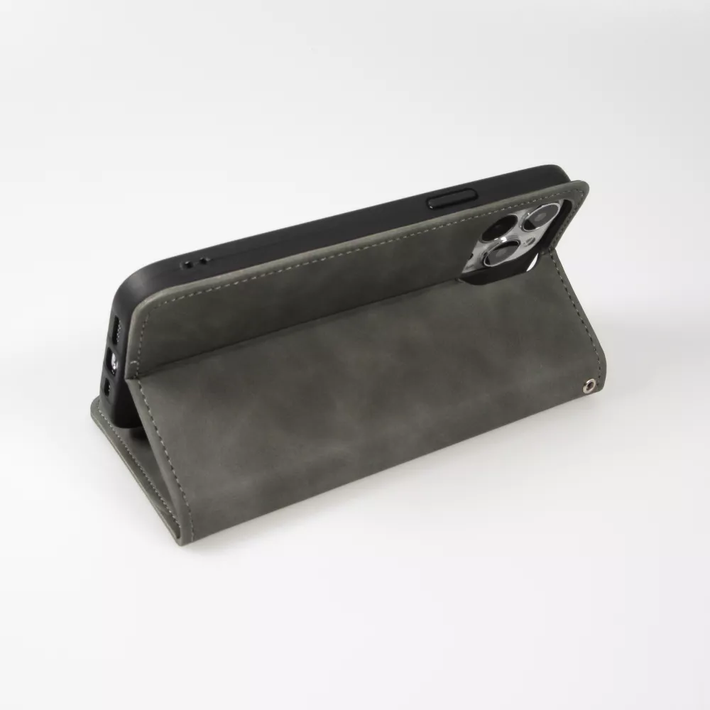 Leder Tasche Case iPhone 15 Pro - Flip Wallet vintage mit Magnetverschluss und Kartenhalter - Grau