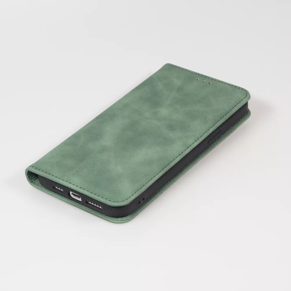 Etui cuir iPhone 13 Pro - Flip Wallet vintage avec fermeture aimantée et compartiment cartes - Vert foncé