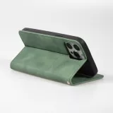 Etui cuir iPhone 13 Pro - Flip Wallet vintage avec fermeture aimantée et compartiment cartes - Vert foncé