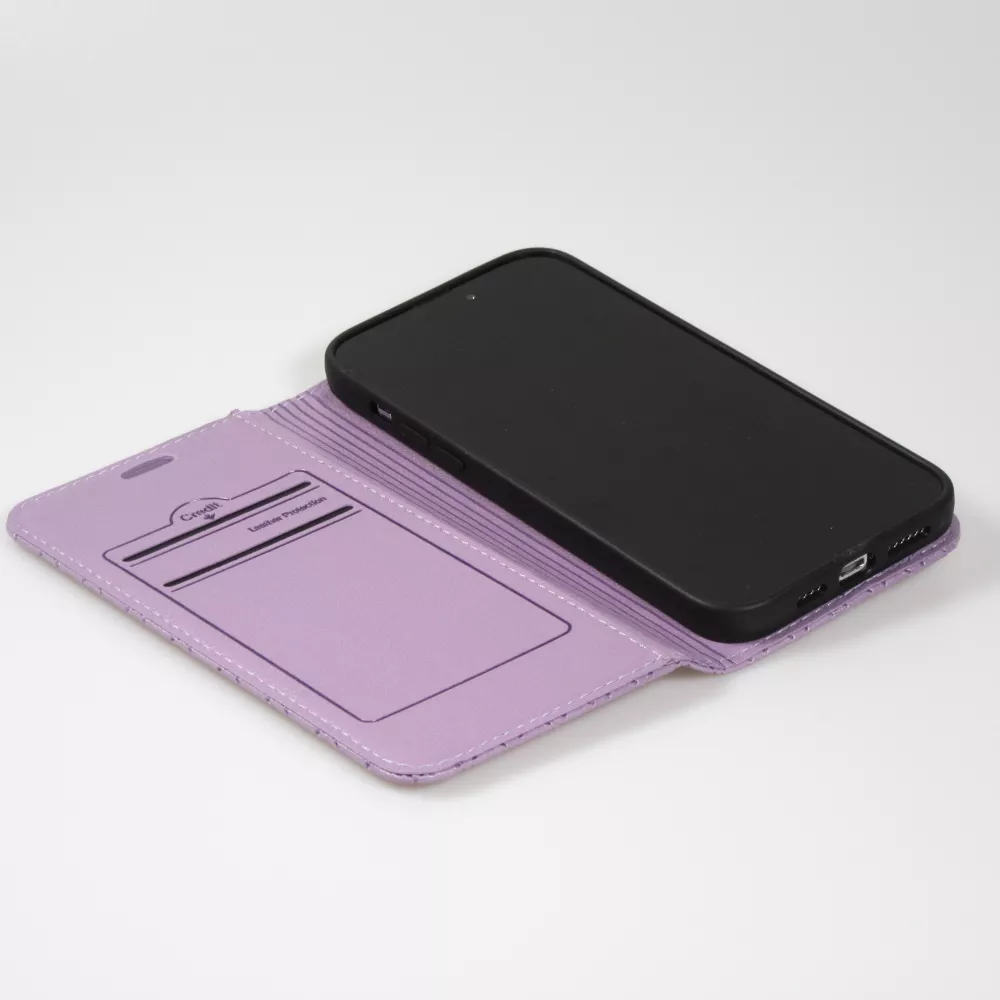 iPhone 14 Leder Tasche - Flip Wallet prestige Design - Violett
